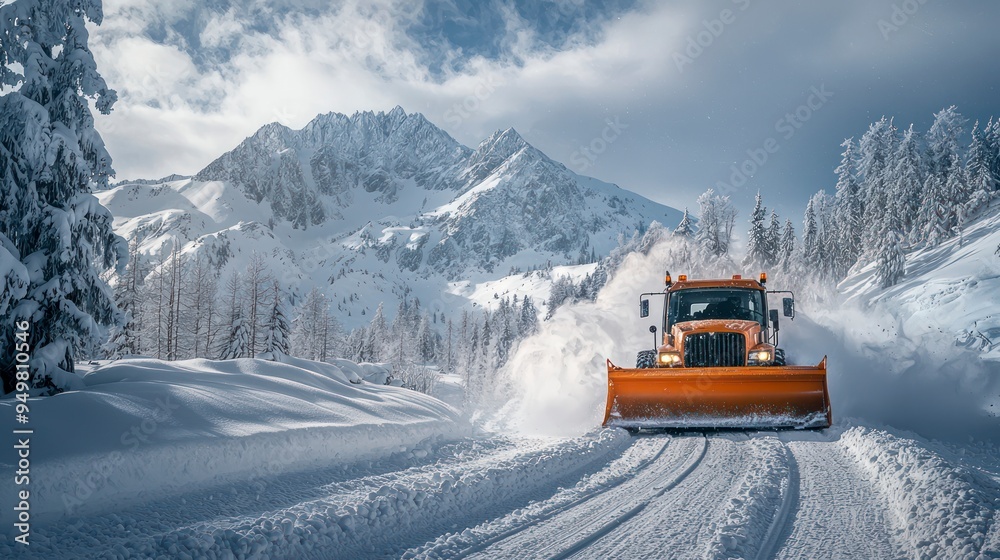 Snowplow clearing a road in a snowy mountain landscape on a sunny day Snowplow clearing a road in a snowy mountain landscape on a sunny day