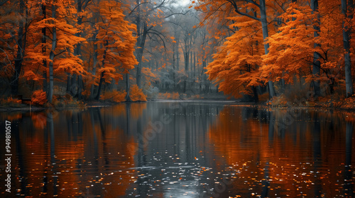 Stream in foggy Forest at autumn, wild autumn landscape with trees and beautiful lakes, magical autumn scenary