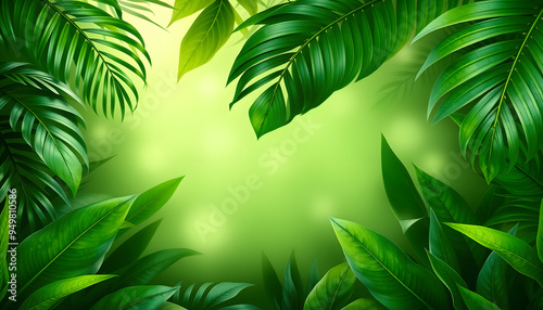 Creative nature green background, tropical leaf banner or floral jungle pattern concept isolated with white highlights, png photo