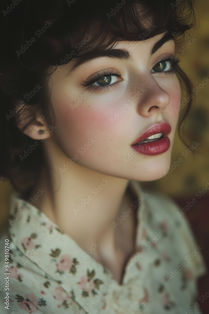A captivating retro portrait of a lovely woman with enchanting coquette style in a floral blouse against a vintage backdrop A captivating retro portrait of a lovely woman with enchanting coquette style in a floral blouse against a vintage backdrop