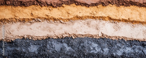 A close-up view of geological soil layers showing different textures and colors, representing earth's stratified composition in natural sediments.