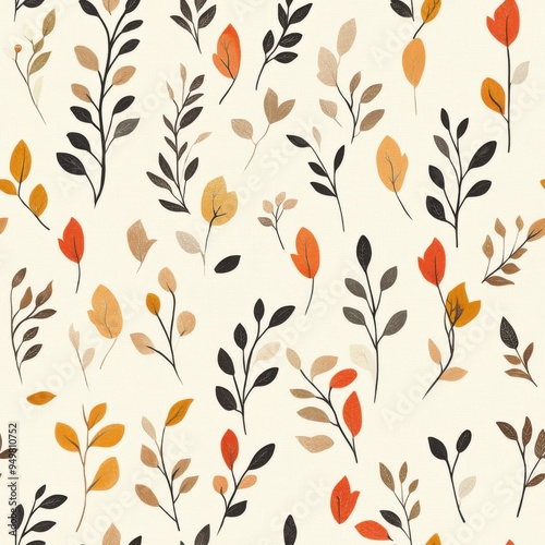Vintage autumn leaves pattern on vintage beige fabric background, seamless repeating pattern, textile print style, minimal, fall foliage design, seamless leaf pattern, home decor, textiles