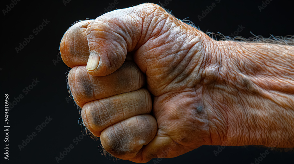 Weathered, clenched fist with deep wrinkles and dirt-covered skin, symbolizing strength, resilience, and the hardships of labor. Weathered, clenched fist with deep wrinkles and dirt-covered skin, symbolizing strength, resilience, and the hardships of labor.