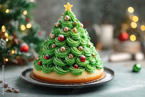 Christmas Tree Cake, A whimsical cake shaped like a Christmas tree, often decorated with green frosting and edible ornaments.