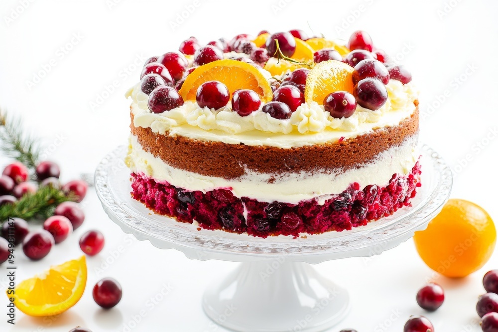 Cranberry Orange Cake, A tangy, fruity cake made with fresh cranberries and orange zest, a bright and festive option for holiday gatherings. isolated on white background Cranberry Orange Cake, A tangy, fruity cake made with fresh cranberries and orange zest, a bright and festive option for holiday gatherings. isolated on white background