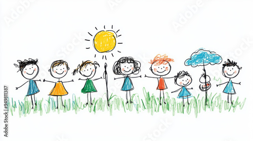 A colorful hand-drawn illustration of happy children holding hands in a grassy field, under a bright sun and a blue cloud.