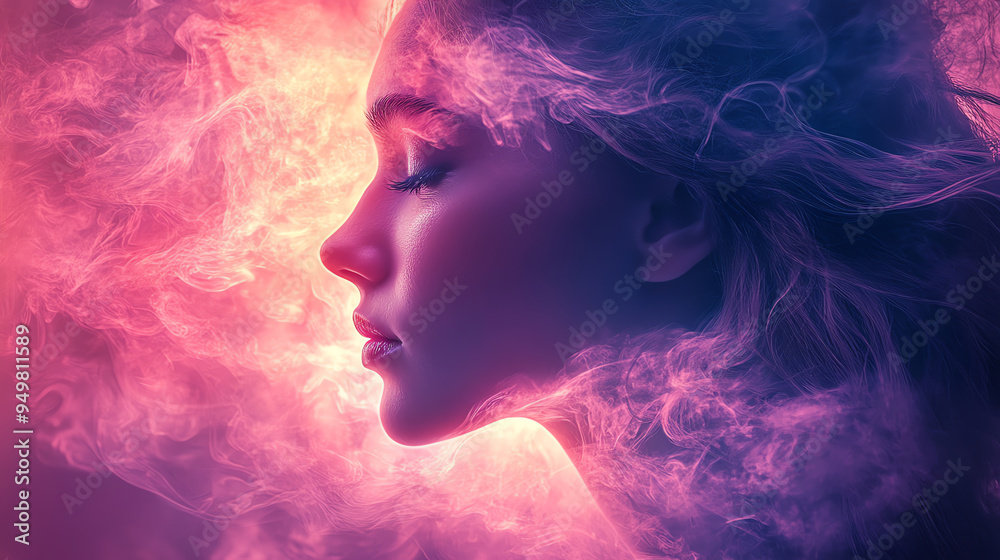 A serene profile of a woman surrounded by vibrant smoke, blending colors of pink and purple, capturing a dreamy and ethereal atmosphere. A serene profile of a woman surrounded by vibrant smoke, blending colors of pink and purple, capturing a dreamy and ethereal atmosphere.