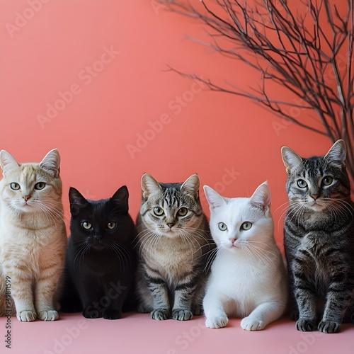 Purrfect Feline Companions Gathered in Coral Toned Studio photo