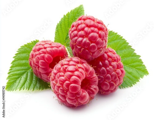 This is an isolated png of three raspberries on a transparent background. PNG format. Three raspberries with no background. Deep depth of field.