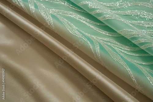 Elegant Vintage Taupe Taffeta Fabric with Silky Ripples and Glistening Texture Stunning Ethereal Mint Organza Backdrop with Silky Waves and Shimmering Details photo