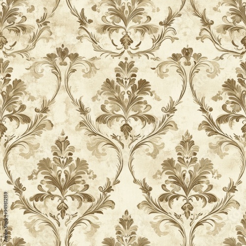 Vintage Baroque floral arabesque pattern on vintage beige fabric background, seamless repeating pattern, textile print style, minimal, Baroque design, seamless floral arabesque pattern, home decor