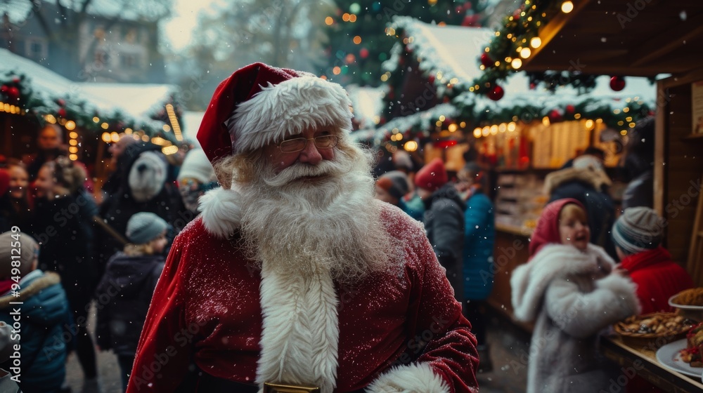 Obraz premium Santa Claus Greeting Children at Festive Christmas Market with Decorative Stalls and Holiday Cheer