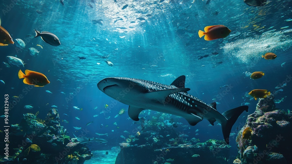 Fototapeta premium Whale Shark and Colorful Coral Reef Fish