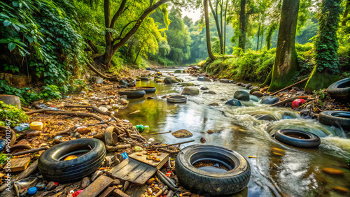 The view captures a polluted river cluttered with old tires and trash, flanked by vibrant greenery, highlighting environmental degradation in a serene natural setting