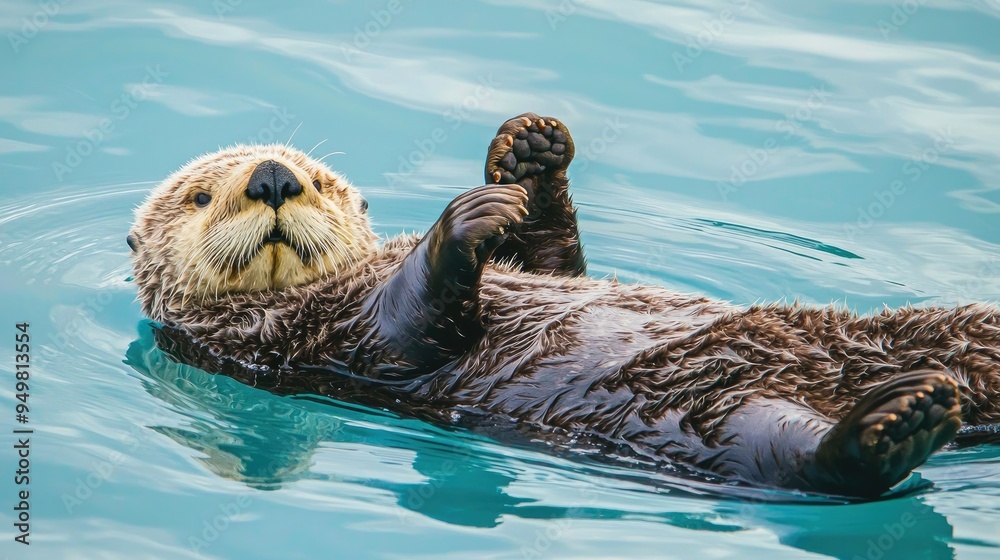 Fototapeta premium Cute Sea Otter Relaxing and Floating on Its Back