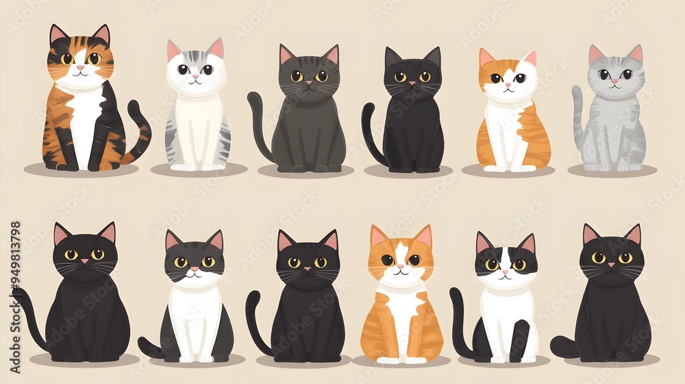 Cartoon Style Diverse Cats Collection on Gentle Beige Background Cartoon Style Diverse Cats Collection on Gentle Beige Background