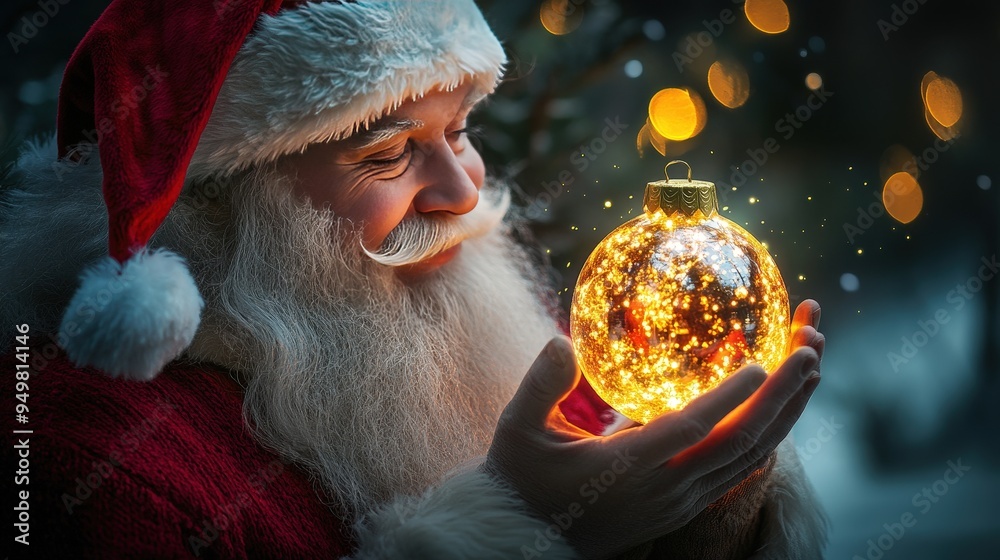 Naklejka premium Santa Claus Holding a Glowing Christmas Ornament with a Warm Holiday Glow