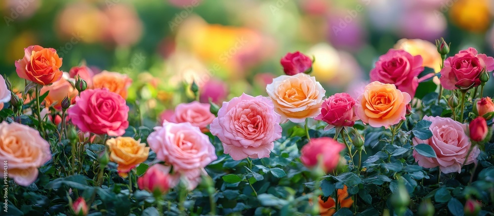 Beautiful Garden with Vibrant Multicolored Roses in Full Bloom on a Sunny Day Beautiful Garden with Vibrant Multicolored Roses in Full Bloom on a Sunny Day
