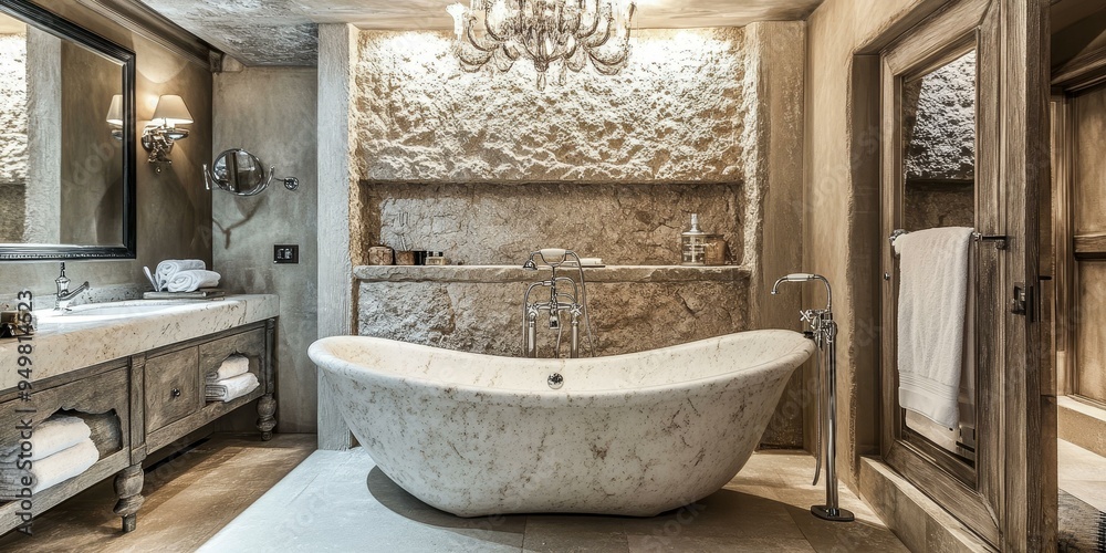 Luxury bathroom with stone walls and a freestanding bathtub. Luxury bathroom with stone walls and a freestanding bathtub.