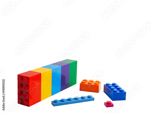 Fototapeta Naklejka Na Ścianę i Meble -  Kids' Construction Set: Border of Assorted Blocks Arranged on a White Surface. blocks.