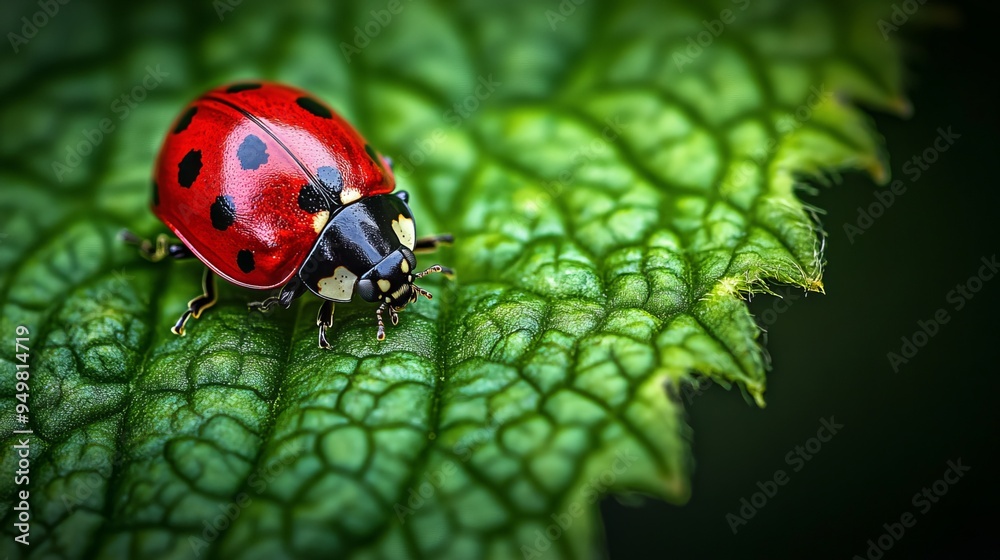 A vibrant ladybug adorns a verdant leaf, captured in a close-up macro shot. The ladybug's scarlet shell and black spots stand out against the lush greenery, creating a striking contrast. A vibrant ladybug adorns a verdant leaf, captured in a close-up macro shot. The ladybug's scarlet shell and black spots stand out against the lush greenery, creating a striking contrast.