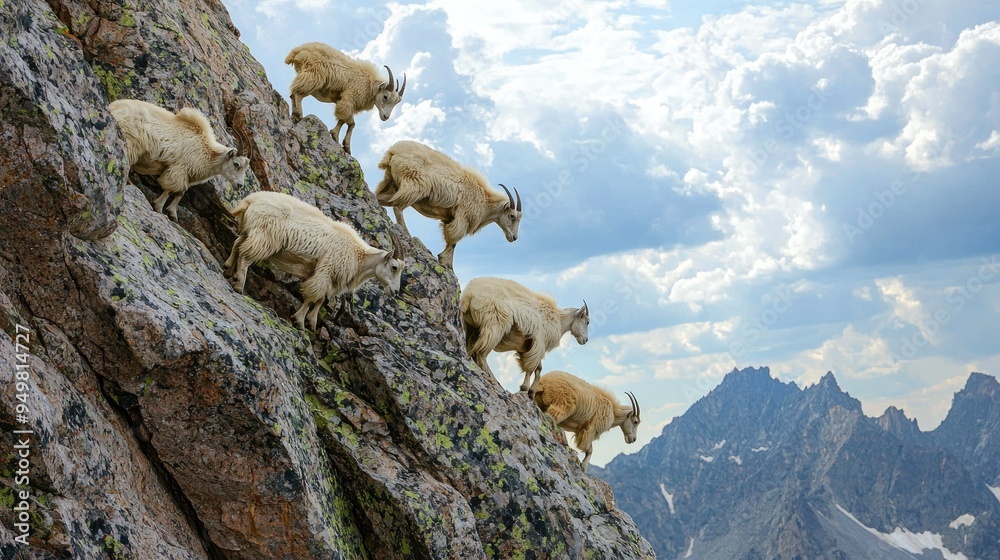 Mountain Goats Scaling Steep Cliffside Terrain Mountain Goats Scaling Steep Cliffside Terrain
