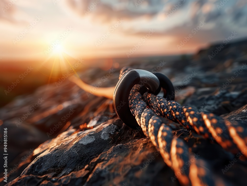 Climbing gear on a mountain trail, adventurous and thrilling, Adventure, Metallic tones, Photograph, Detailed equipment Climbing gear on a mountain trail, adventurous and thrilling, Adventure, Metallic tones, Photograph, Detailed equipment