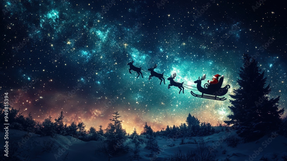Santa's Sleigh Flying Through a Starry Night Sky Guided by Reindeer Over a Snowy Forest Santa's Sleigh Flying Through a Starry Night Sky Guided by Reindeer Over a Snowy Forest