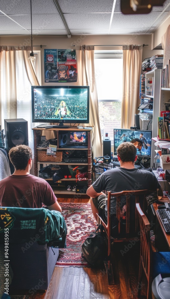 Obraz premium Parents and Students Creating Relaxing Dorm Entertainment Space for Cozy Gaming and TV Watching