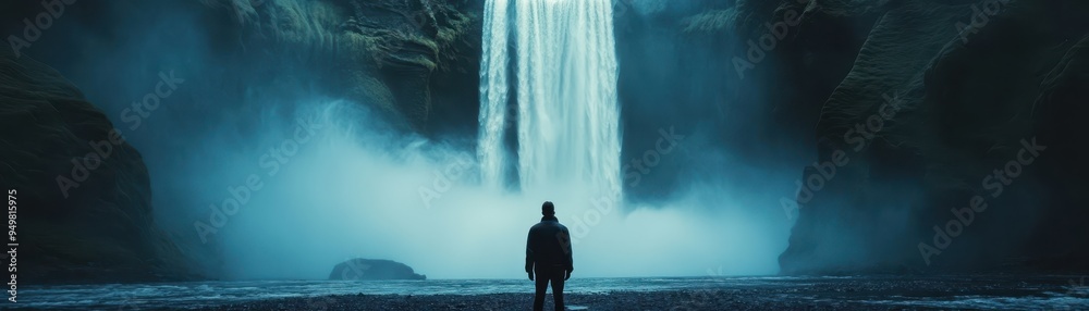 Fototapeta premium Majestic Waterfall with Silhouette of Person in Foreground, Misty Atmosphere, and Dramatic Lighting