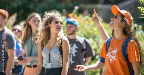 Freshmen Students Exploring Campus on Guided Tour, Sunshine and Learning for New Pupils