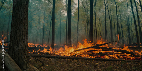 Fierce flames engulf trees in a dense forest, with smoke billowing into the air on a summer afternoon. The fire spreads rapidly, threatening wildlife and ecosystems photo