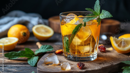 The scene should evoke a sense of freshness and indulgence, showcasing a vibrant, non-alcoholic cocktail enhanced with dried fruits, lemon, mint, and ice. The clear glass, bright colors, and garnishes