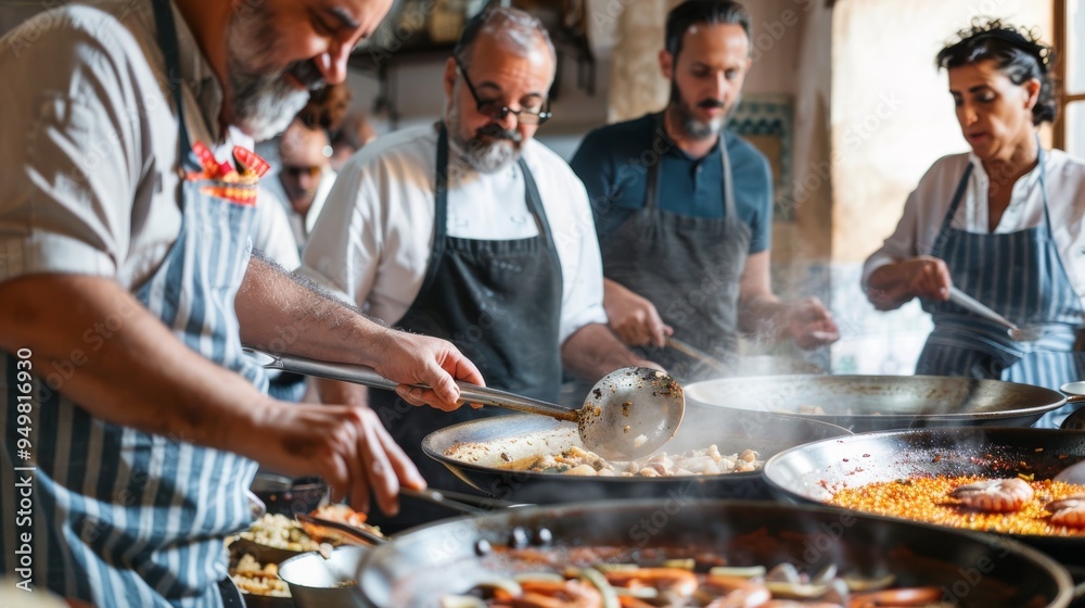 Middle-Aged Friends Enjoy Cooking Class Focused on Traditional Spanish Paella Preparation Middle-Aged Friends Enjoy Cooking Class Focused on Traditional Spanish Paella Preparation