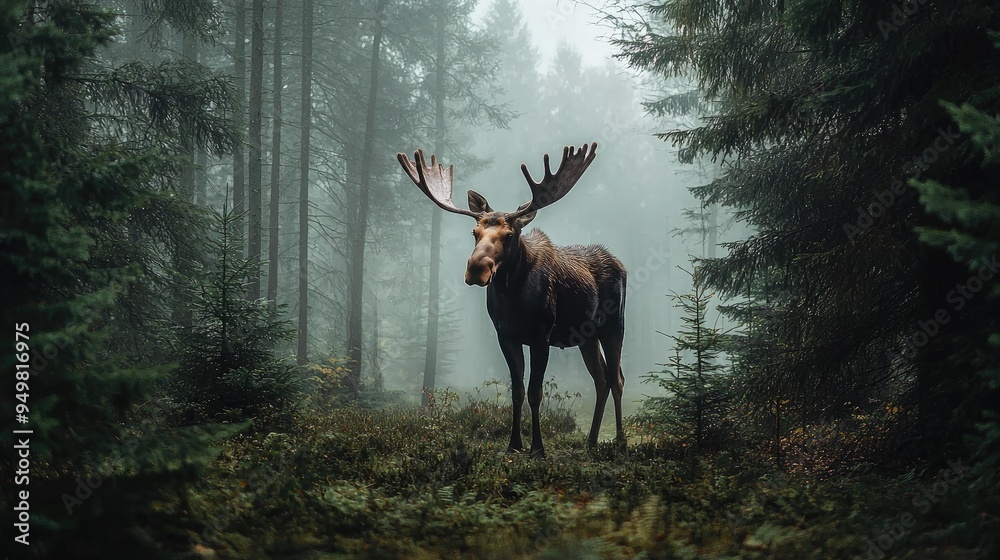 Fototapeta premium Majestic Moose in a Foggy Woodland Setting