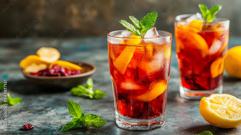 The scene should evoke a sense of freshness and indulgence, showcasing a vibrant, non-alcoholic cocktail enhanced with dried fruits, lemon, mint, and ice. The clear glass, bright colors, and garnishes