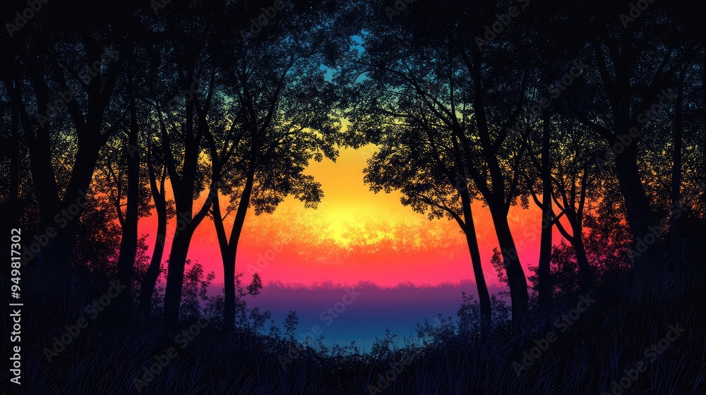 Fototapeta premium Silhouetted trees framing a distant horizon at sunset, with vibrant colors stretching far into the distance.