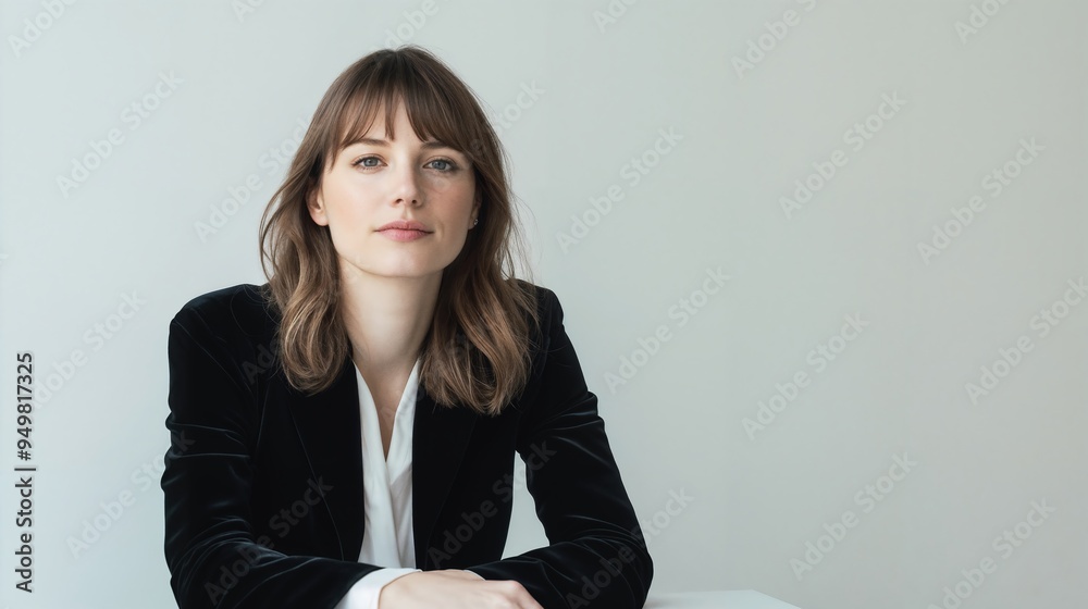 A young woman with brown hair and bangs, wearing a black velvet blazer and a bow tie, sits at a desk, posing for a formal portrait. A young woman with brown hair and bangs, wearing a black velvet blazer and a bow tie, sits at a desk, posing for a formal portrait.