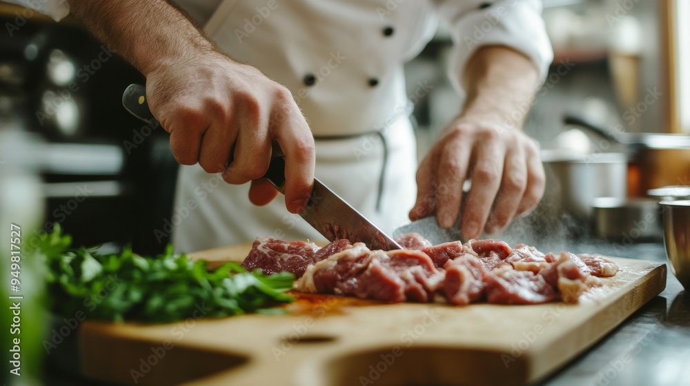 A restaurant or hotel might consider this simple recipe idea: A chef prepares a meat dish for lunch by cutting raw meat with a knife on a cutting board. A restaurant or hotel might consider this simple recipe idea: A chef prepares a meat dish for lunch by cutting raw meat with a knife on a cutting board.