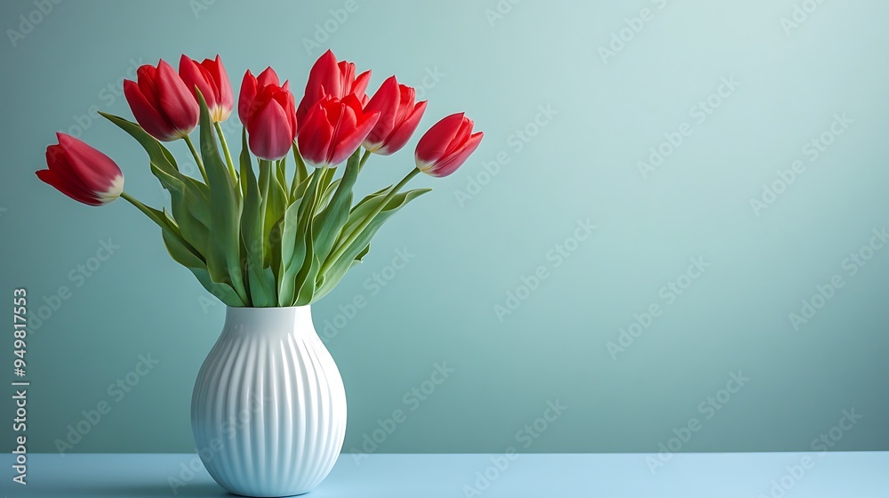 Red Tulips in a Glass Vase on a Blue Background Red Tulips in a Glass Vase on a Blue Background