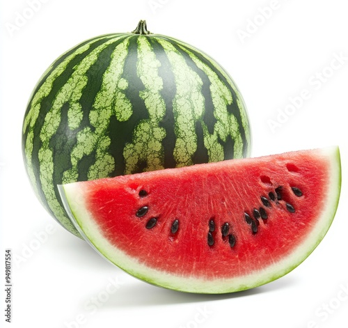 A cut-in-half striped watermelon is isolated on a white background with black seeds. Clipping path. photo