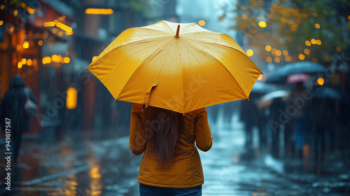Woman walking home with yellow umbrella in the city during heavy rain