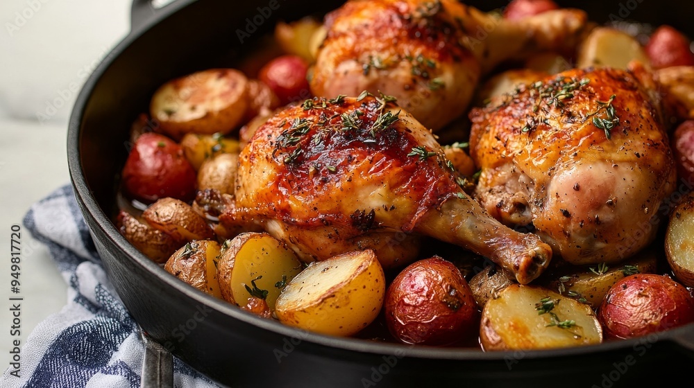 Braised chicken with savory potato sides Braised chicken with savory potato sides