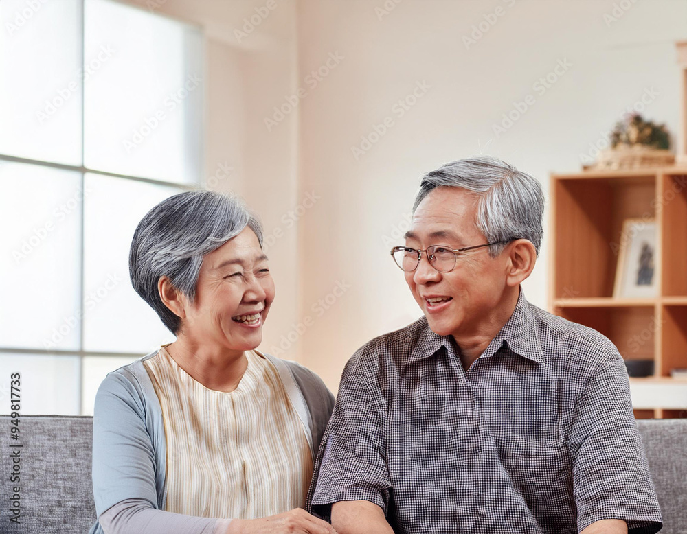 笑顔で会話するシニア夫婦