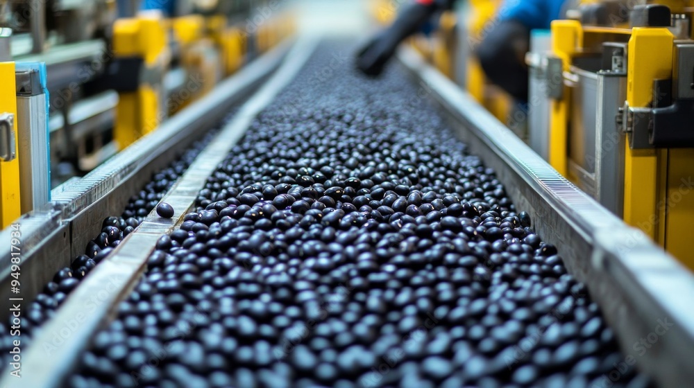 Black beans are being sorted and packaged on a conveyor belt in an industrial food processing environment. Black beans are being sorted and packaged on a conveyor belt in an industrial food processing environment.