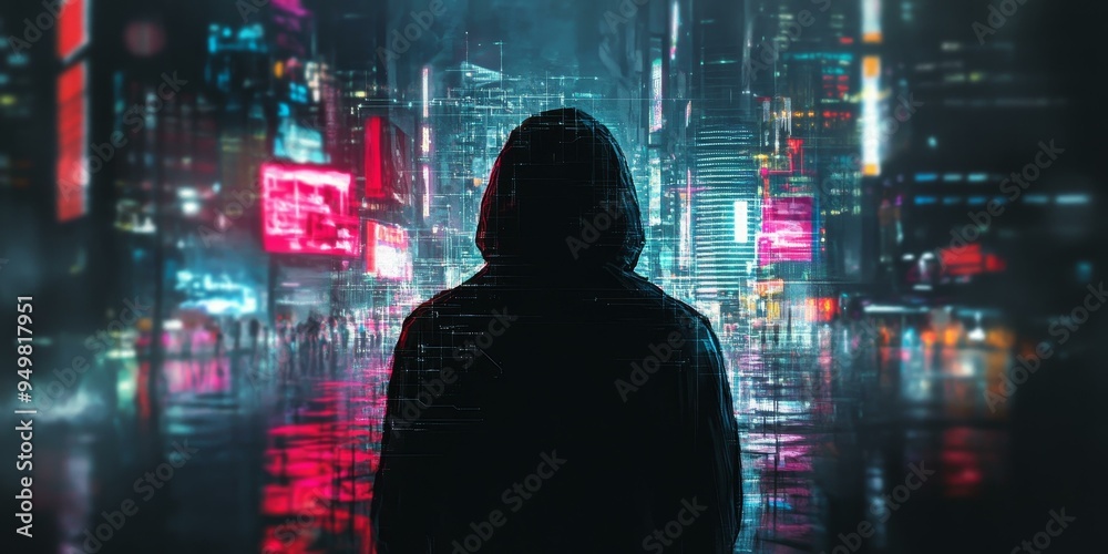 Hooded figure stands in a neon-lit city. Hooded figure stands in a neon-lit city.