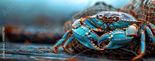 Crab trap with a fresh catch, coastal and rugged, Coastal, Cool blues, Photograph, Maritime detail photo