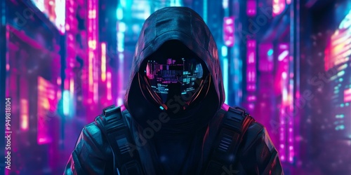 Hooded figure with digital face in neon city.