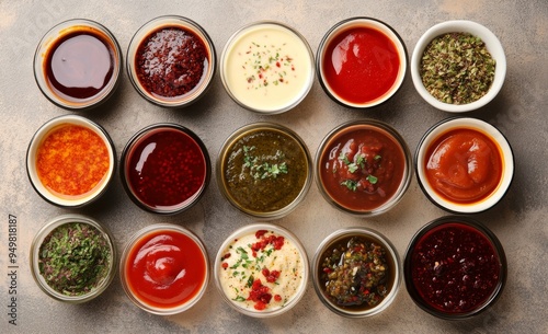 On a grey table, many different sauces are displayed in bowls, top view