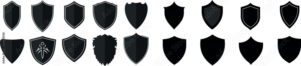 A set of shield icons. Different shield shapes. Black shield silhouette. Security sign. Protect symbol. Privacy banners
